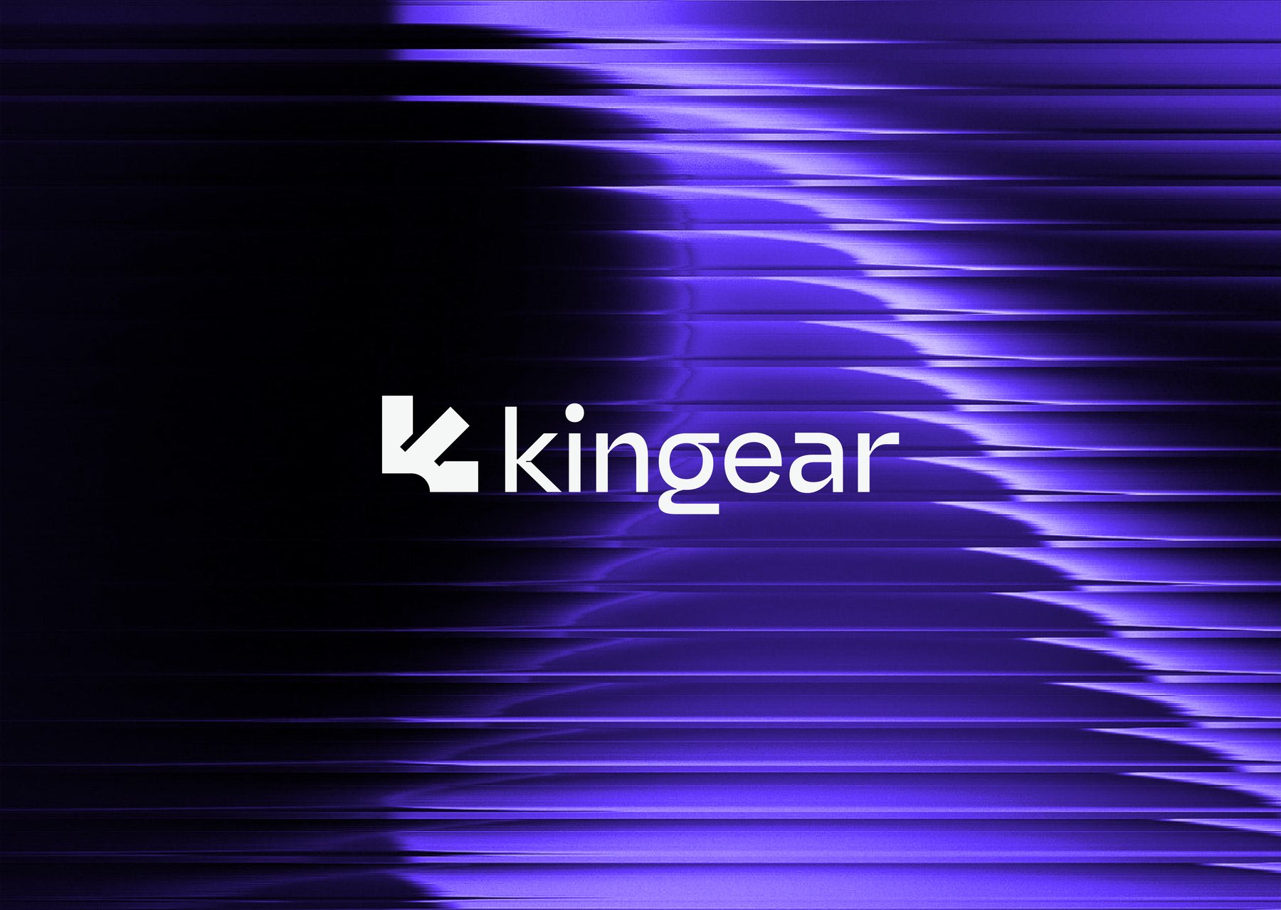 Kingear logo in white over a dark purple, metallic striped background
